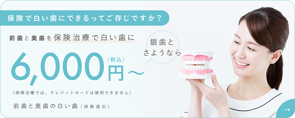 保険で白い歯にできるってご存じですか？前歯と奥歯を保険治療で白い歯に 6,000円（税込）～（保険治療では、クレジットカードは使用できません）