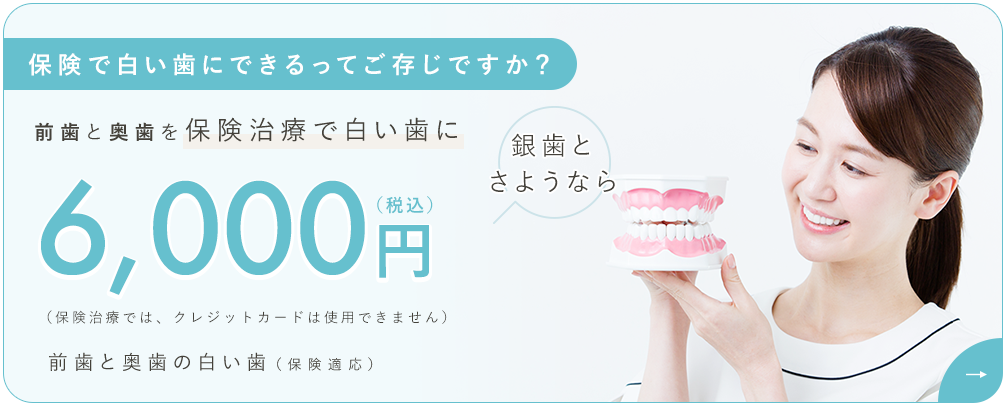 保険で白い歯にできるってご存じですか？前歯と奥歯を保険治療で白い歯に 6,000円（税込）（保険治療では、クレジットカードは使用できません）