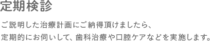 定期検診　ご説明した治療計画にご納得頂けましたら、定期的にお伺いして、歯科治療や口腔ケアなどを実施します。